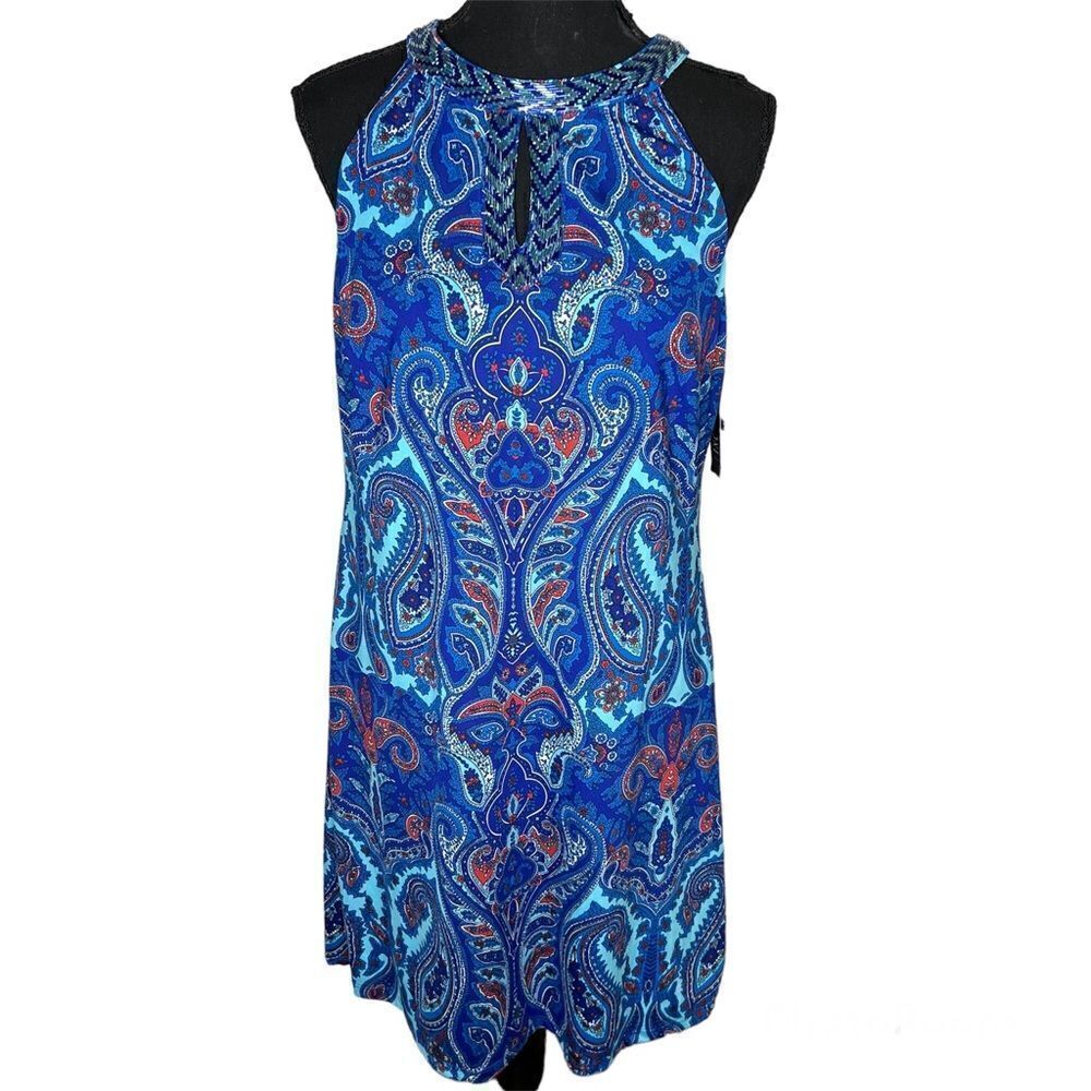 New! I.N.C Internacional Concepts Paisley Halter Beaded Collar Blue Dress Sz PL